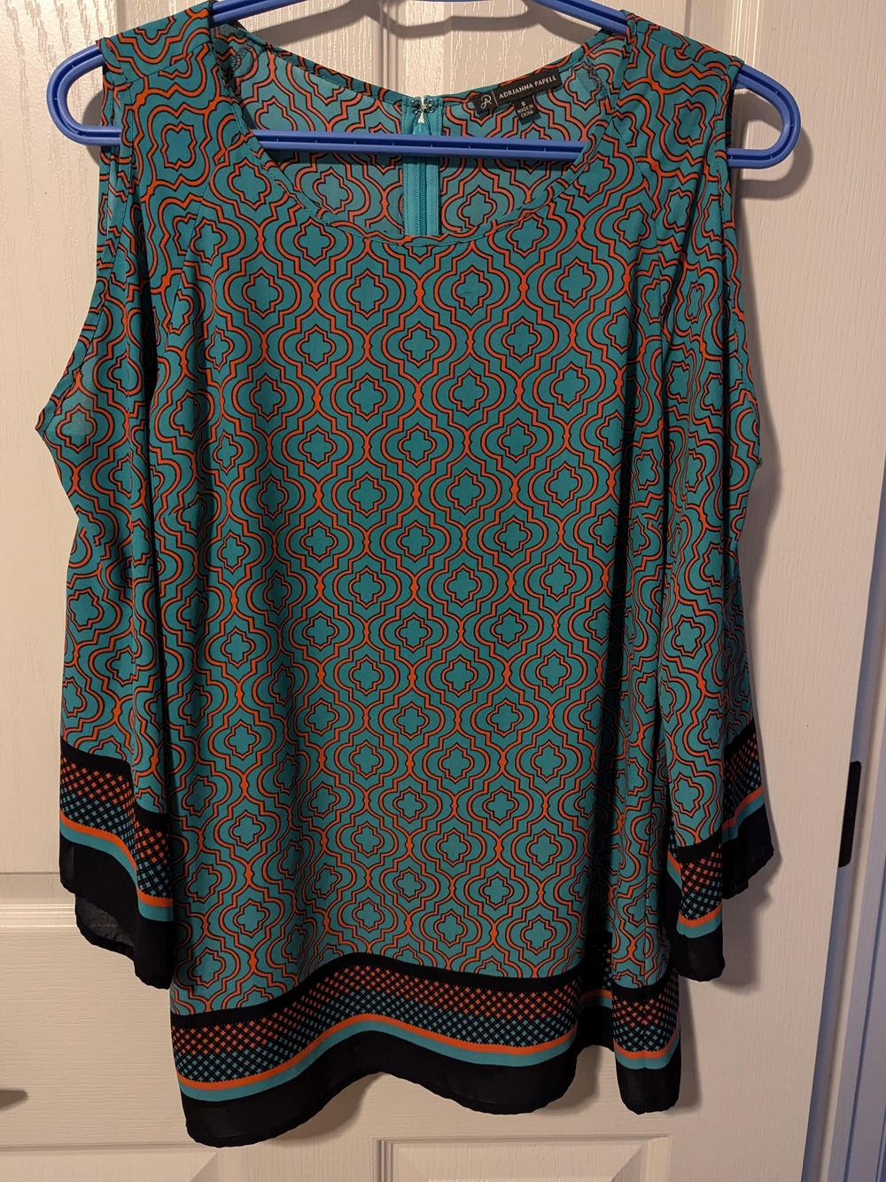 Adrianna Papell Teal and Rust Geometric Cold-Shoulder Tunic